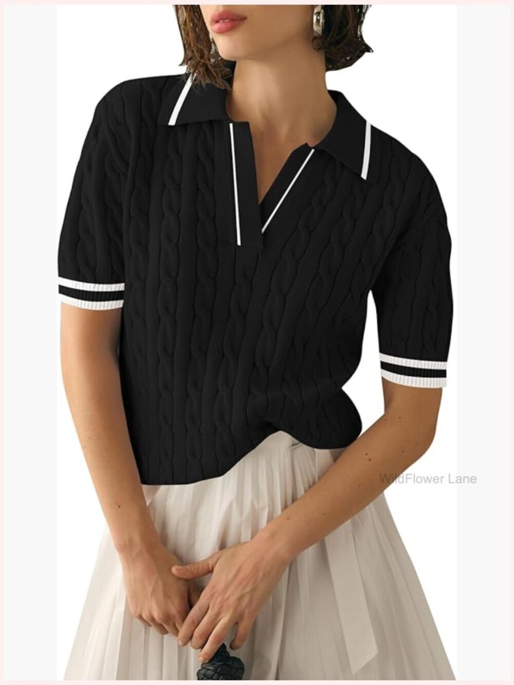 Women's Short Sleeve Cable Knit Sweater Polo V-Neck Blouse